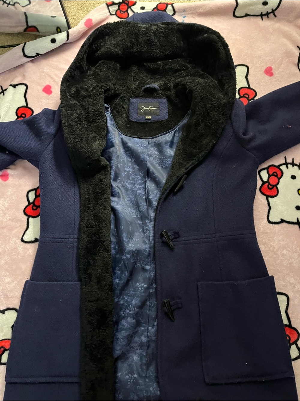 Jessica Simpson Navy Pea Coat with Black Faux Fur Hood Trim